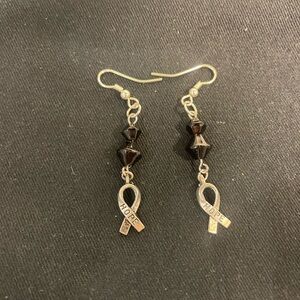 Elegant Silver and Black Dangle Earrings with Ribbon Charm